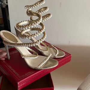 Elegant Pearl-Embellished Gold Heels